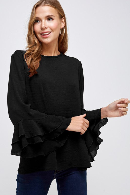 Solid Tiered Cascading Ruffle Trim Blouse