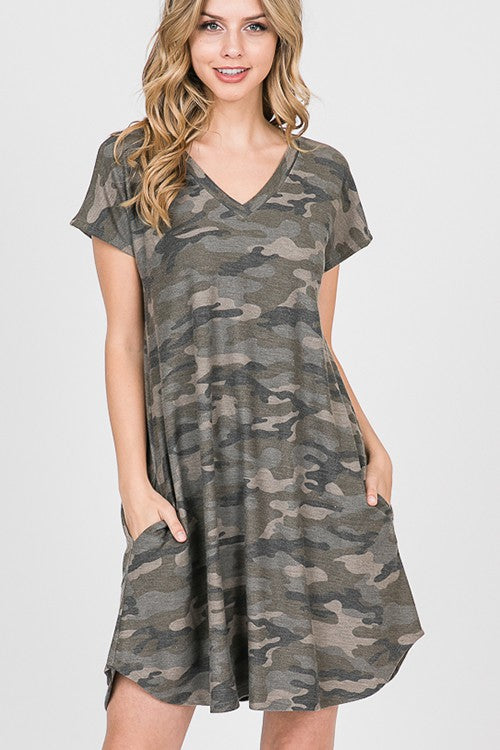 Fall Camo V Neck Dress With Pockets Green or Pink