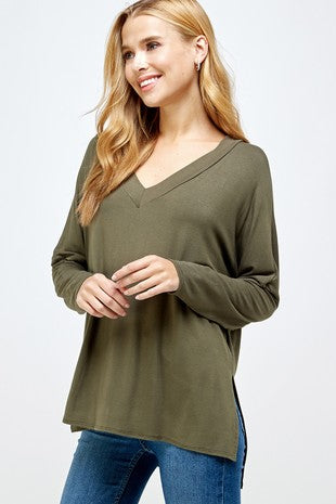 V Neck Tunic Top, Drop Shoulder long sleeve.O