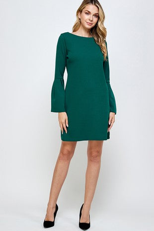 Solid Bell Sleeve Hunter Green Dress