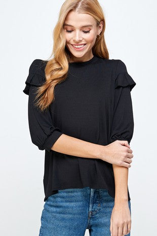 Ruffle Sleeve Round Neck Top in Black